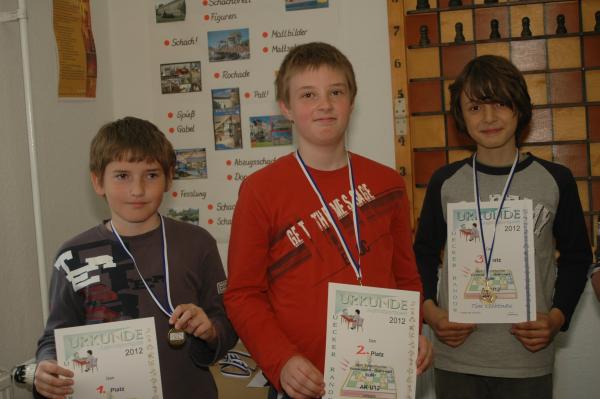 u12, v.l.n.r.: 1. Theo Wolfgramm (Schulschachgruppe Torgelow), 2. Felix Troemer (SAV Torgelow), 3. Tim Lichtnau (Greifswalder SV)