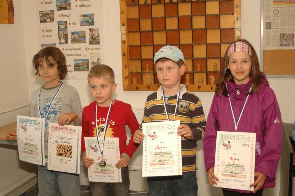 u8, v.l.n.r.: 1. Ben Lichtnau (Greifswalder SV), 2. Aaron-Carl Bress (Schulschachgruppe Ueckermnde), 3. Benedict Stoll (Schulschachgruppe Anklam), 1. Sophie Wucherer (Greifswalder SV) - u8 Mdchen