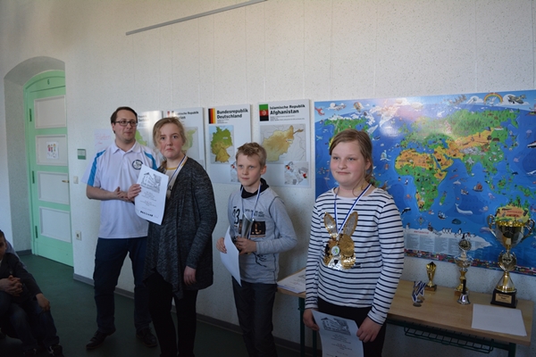 Endstand WK III (Klassenstufe 5  8), v.l.n.r.: 2. Leonie Kasel (RS Ehm Welk Ueckermnde), 1. Robin Streblow (RS Ernst Thlmann Eggesin), 3. Finja Wilke (RS Albert Einstein Torgelow)