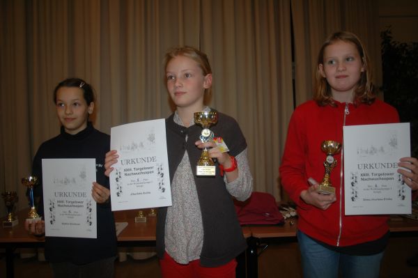 u10w, Pltze 1-3, v.l.n.r.: 3. Sophie Wucherer (Greifswalder SV), 1. Charlotte Eulitz (SG Gstrow/Teterow), 2. Edna Marlene Fricke (Schachunion Berlin e.V.)